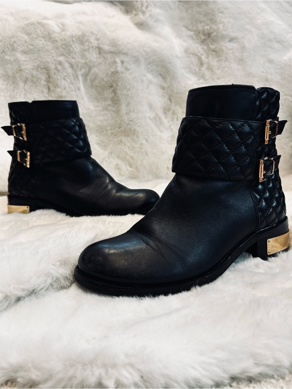 Women’s Vince Camuto Black Quilted Ankle Boots with Gold Buckles